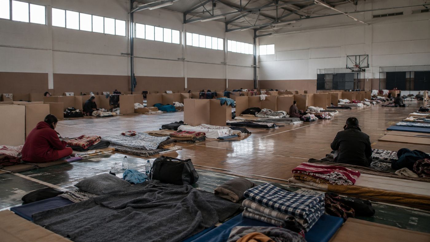 A gymnasium used as an emergency shelter with rows of blankets and mats where displaced residents rest after the tsunami
