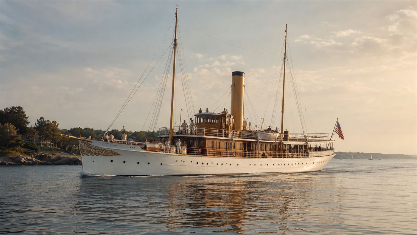 A steam yacht from the 1890s cruising slowly on calm coastal water under a hazy summer sky