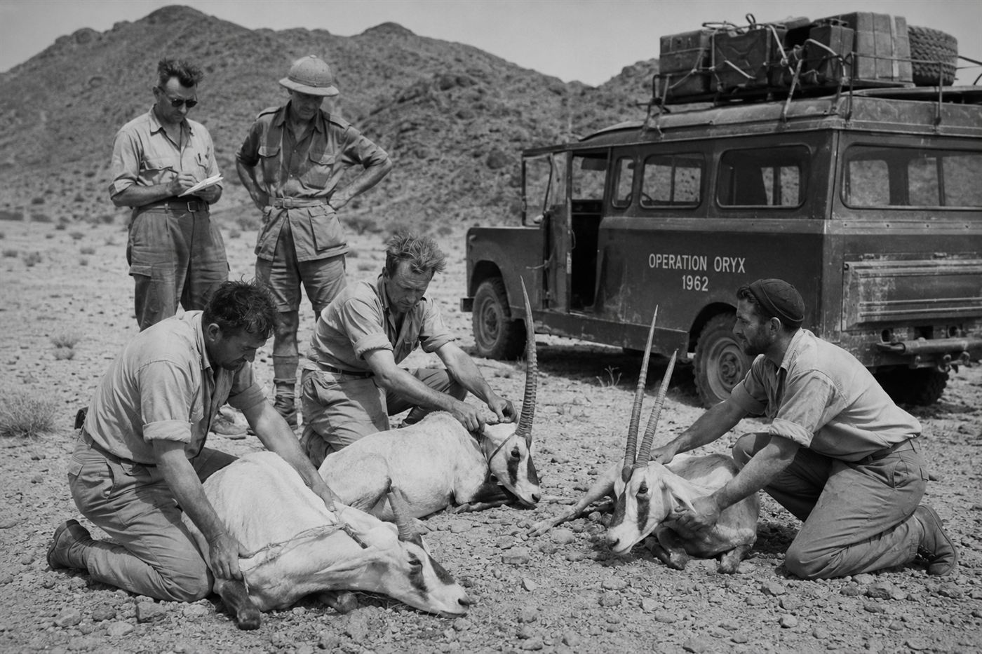 A conservation team in the rocky Arabian desert in the early 1960s, capturing Arabian oryx for Operation Oryx, vintage documentary photograph, men with nets and ropes working with the white antelope in arid terrain