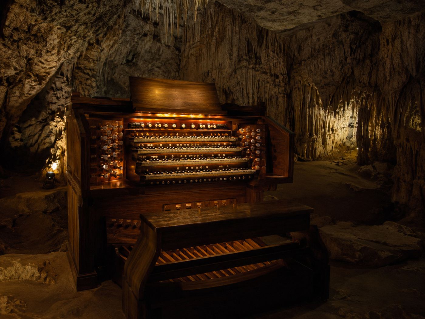 A four-keyboard organ console glowing in a cave chamber, the control desk of the Great Stalacpipe Organ