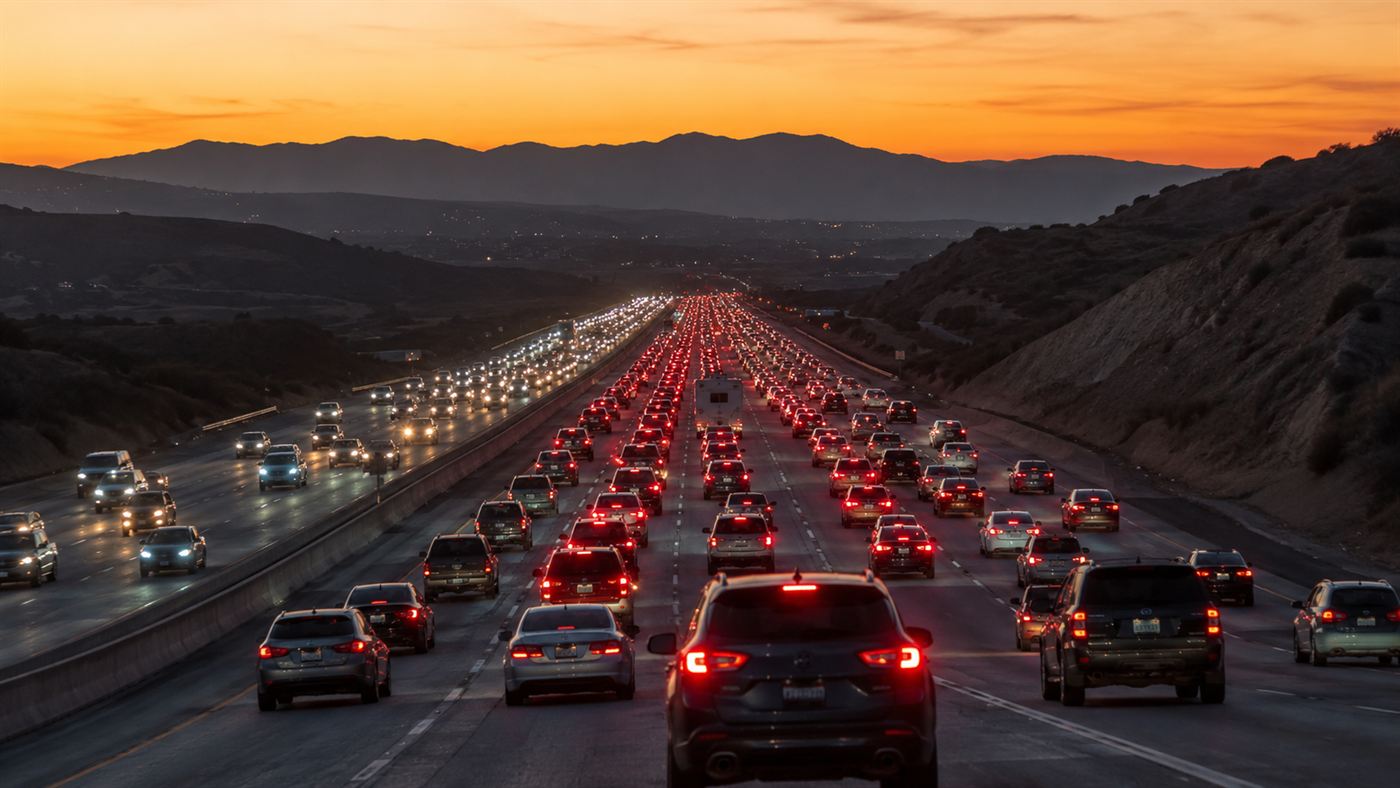 A California highway packed with cars evacuating at dusk during the Oroville Dam emergency evacuation