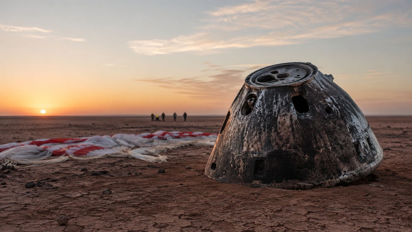 The OSIRIS-REx sample return capsule resting on the Utah desert floor after parachuting down with the asteroid Bennu sample