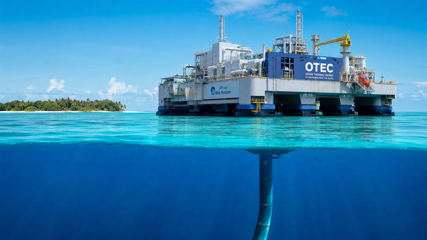 A floating ocean thermal energy platform on a calm tropical sea with a large pipe descending into deep blue water
