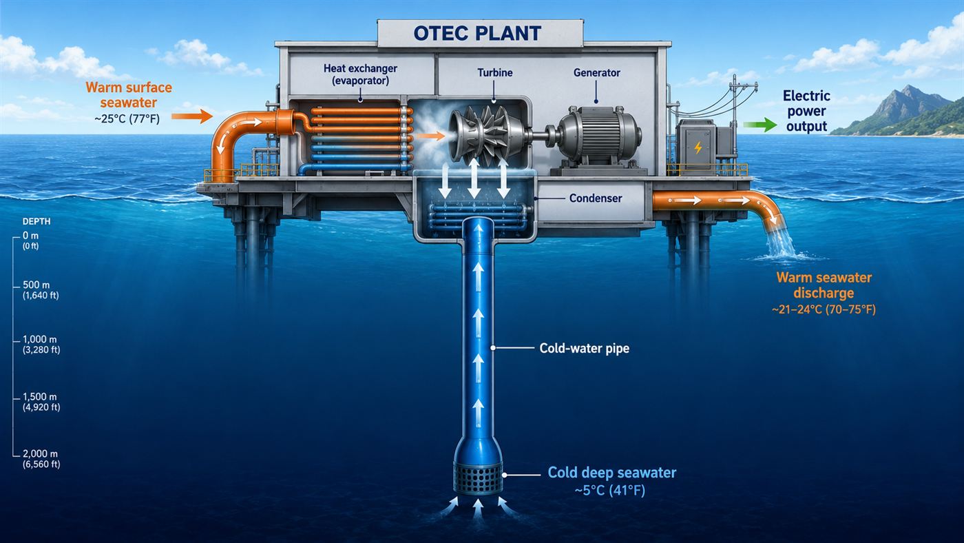 A cutaway diagram of an ocean thermal energy plant showing warm surface water, a turbine, and a long cold-water pipe to the deep