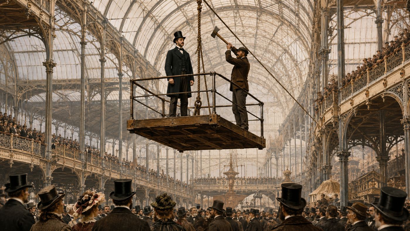 Elisha Otis demonstrating his safety elevator, standing on an open platform high above a crowd in a grand 1854 exhibition hall as an assistant prepares to cut the rope