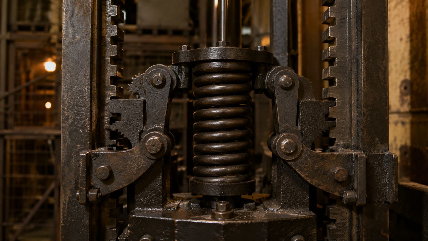 A close mechanical view of a 19th-century elevator safety brake, a spring driving toothed pawls into notched guide rails