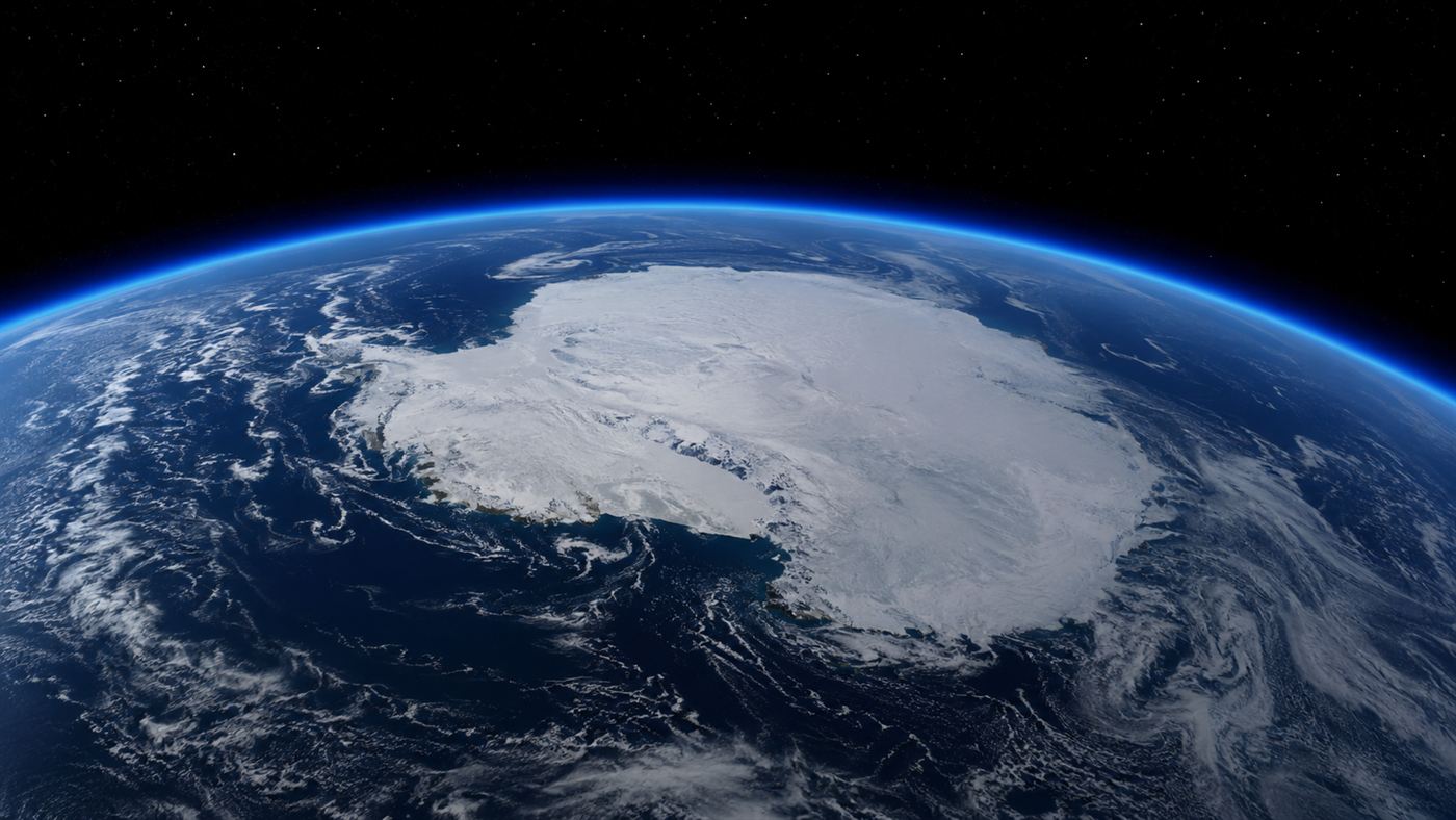 Ozone layer satellite view from space showing thin protective atmosphere band, ozone hole damage caused by CFC Freon chlorofluorocarbon chemicals over Antarctica