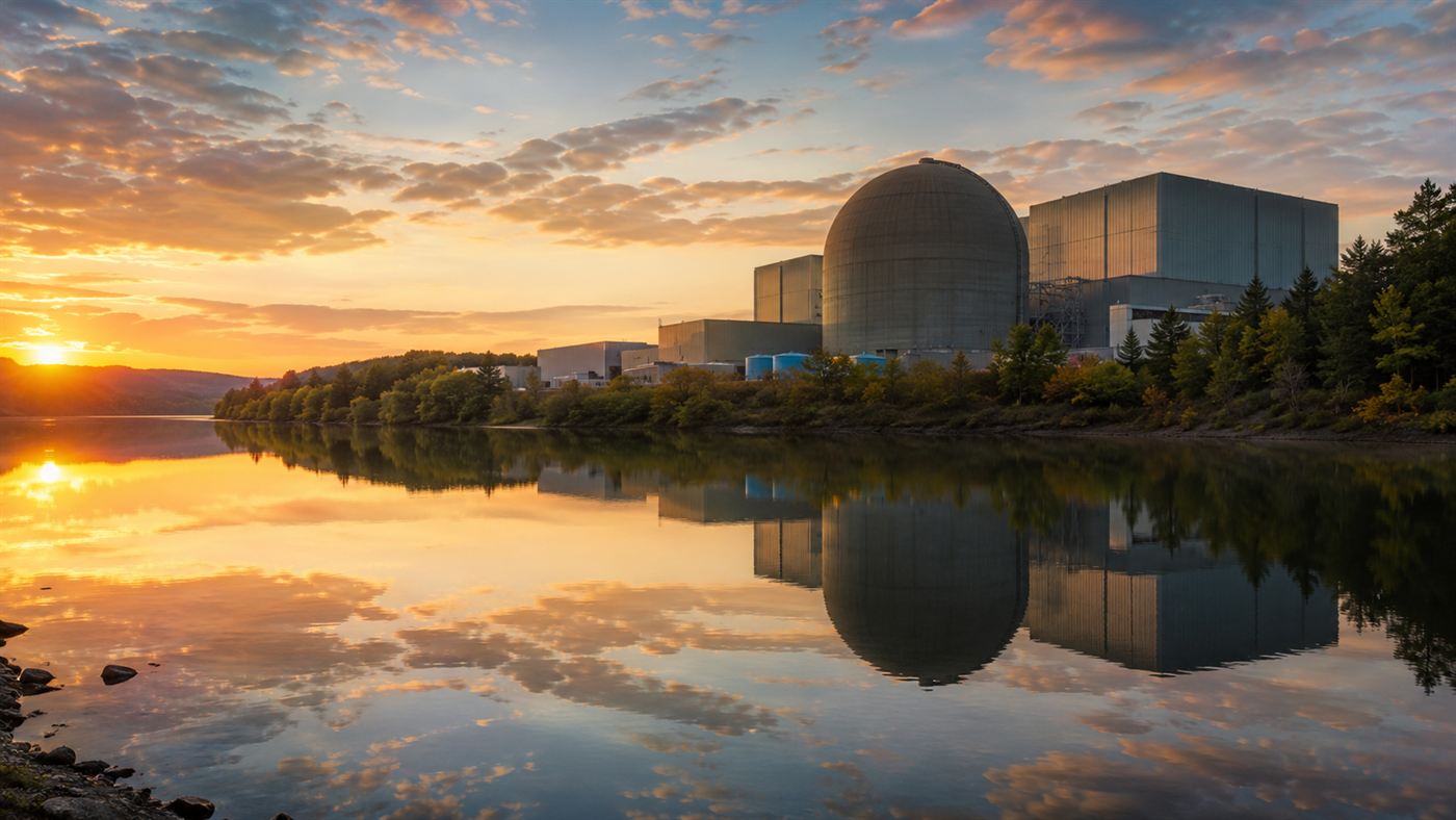 The Palisades nuclear plant with its containment dome on the wooded shore of Lake Michigan at dawn