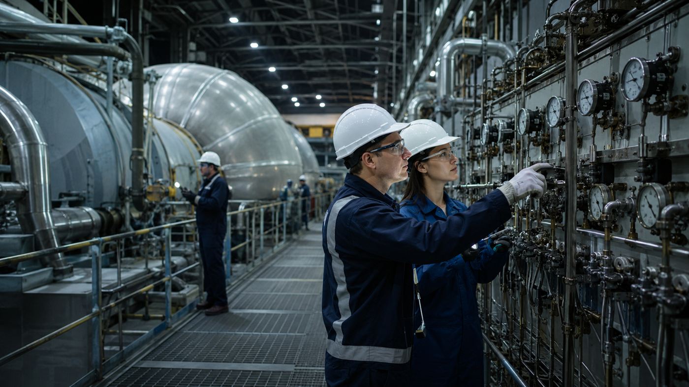 Engineers in hard hats inspecting equipment inside the turbine hall of the Palisades nuclear plant during the restart