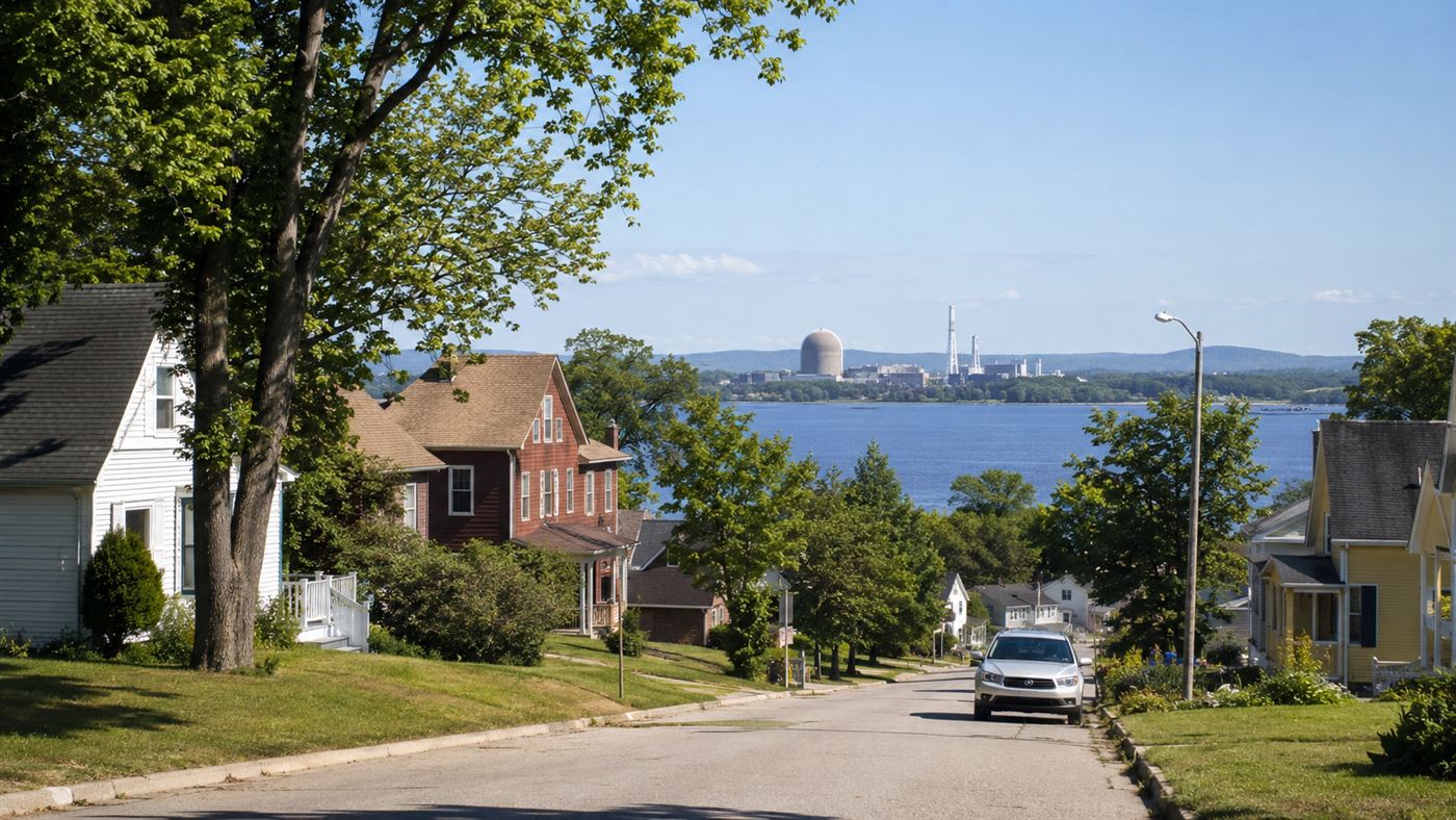 A small rural lakeside town in Michigan on a bright day with a distant nuclear power plant on the horizon