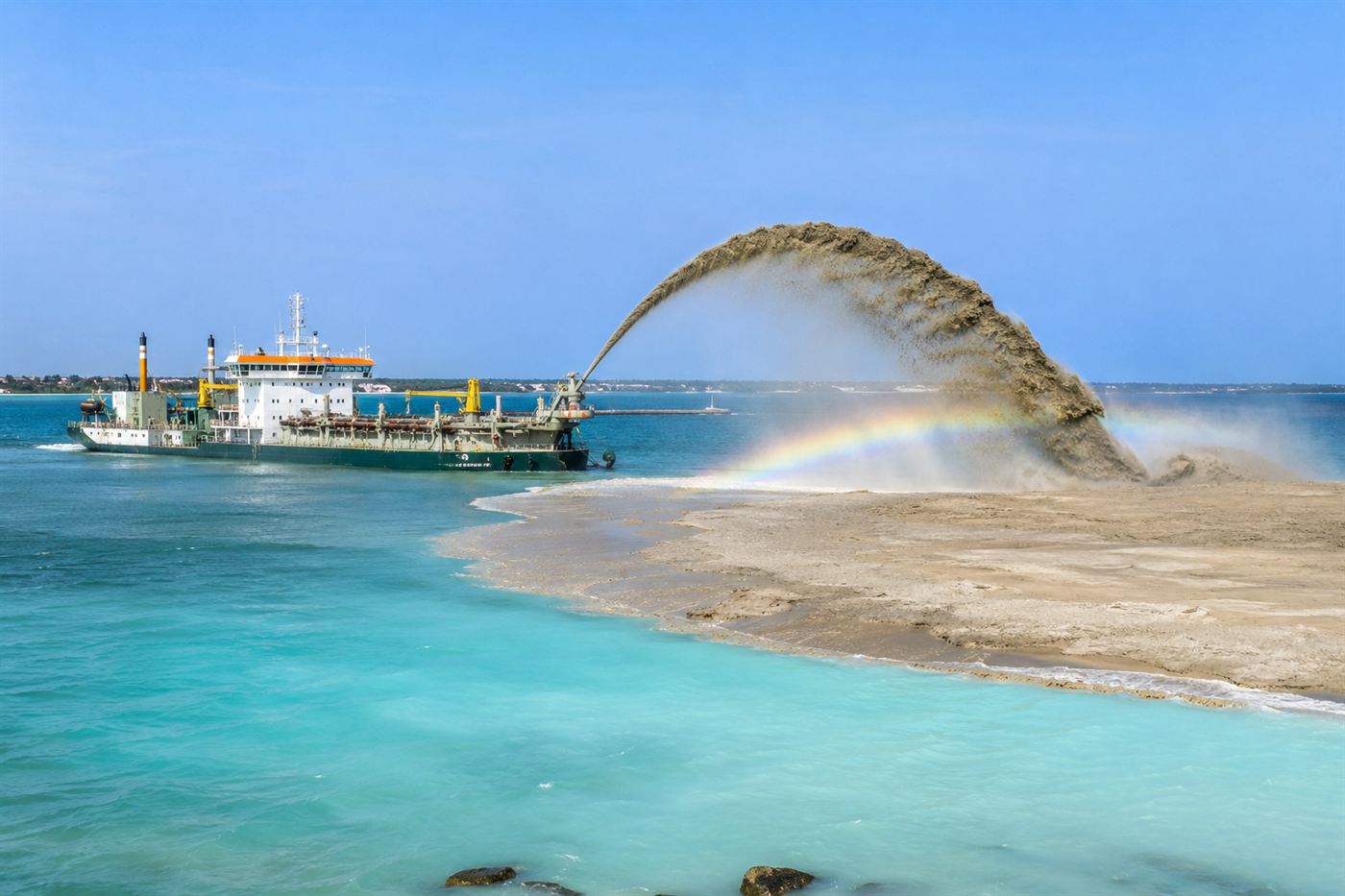 A dredging ship spraying a great arc of sand and water through the air onto a growing artificial island, the technique called rainbowing