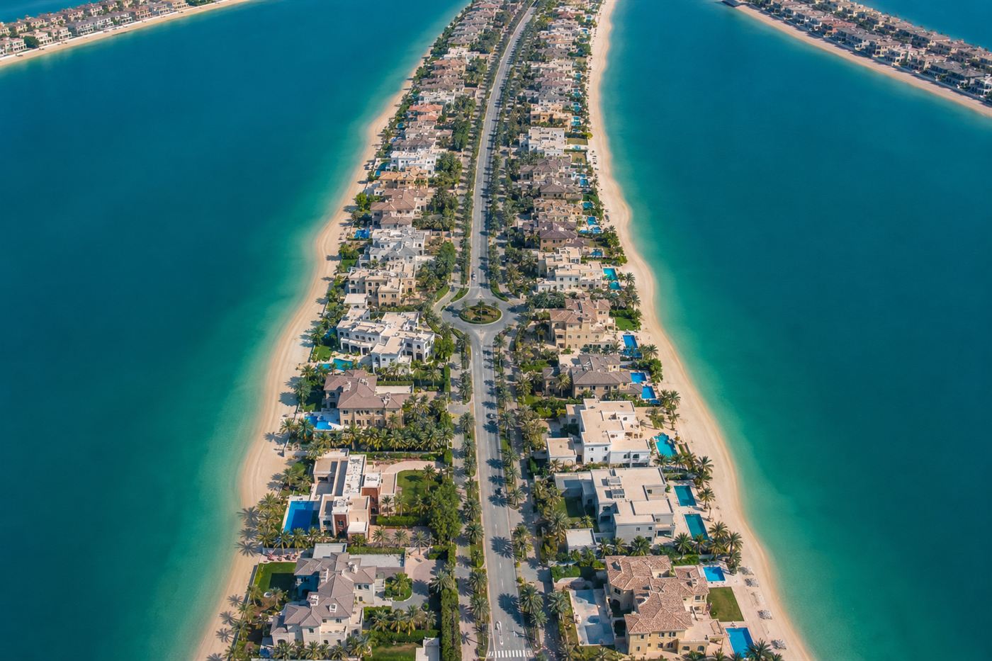 A frond of Palm Jumeirah lined with waterfront villas, each with its own beach, seen from above in clear blue water