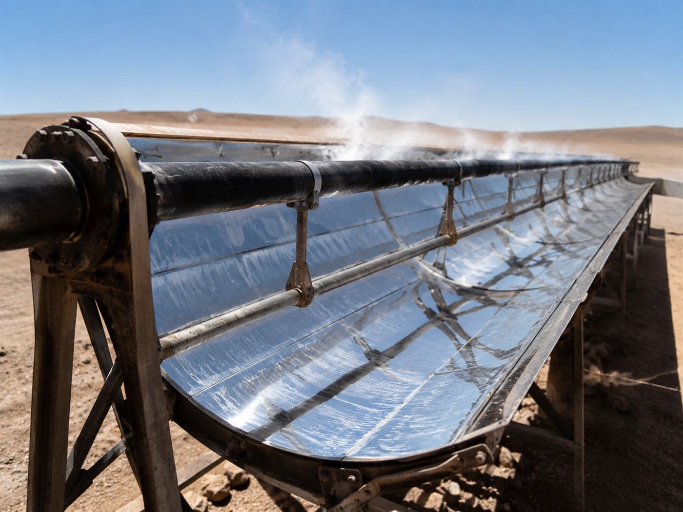 Close view of a curved mirrored parabolic trough focusing sunlight onto a dark pipe, the core of Frank Shuman's solar plant