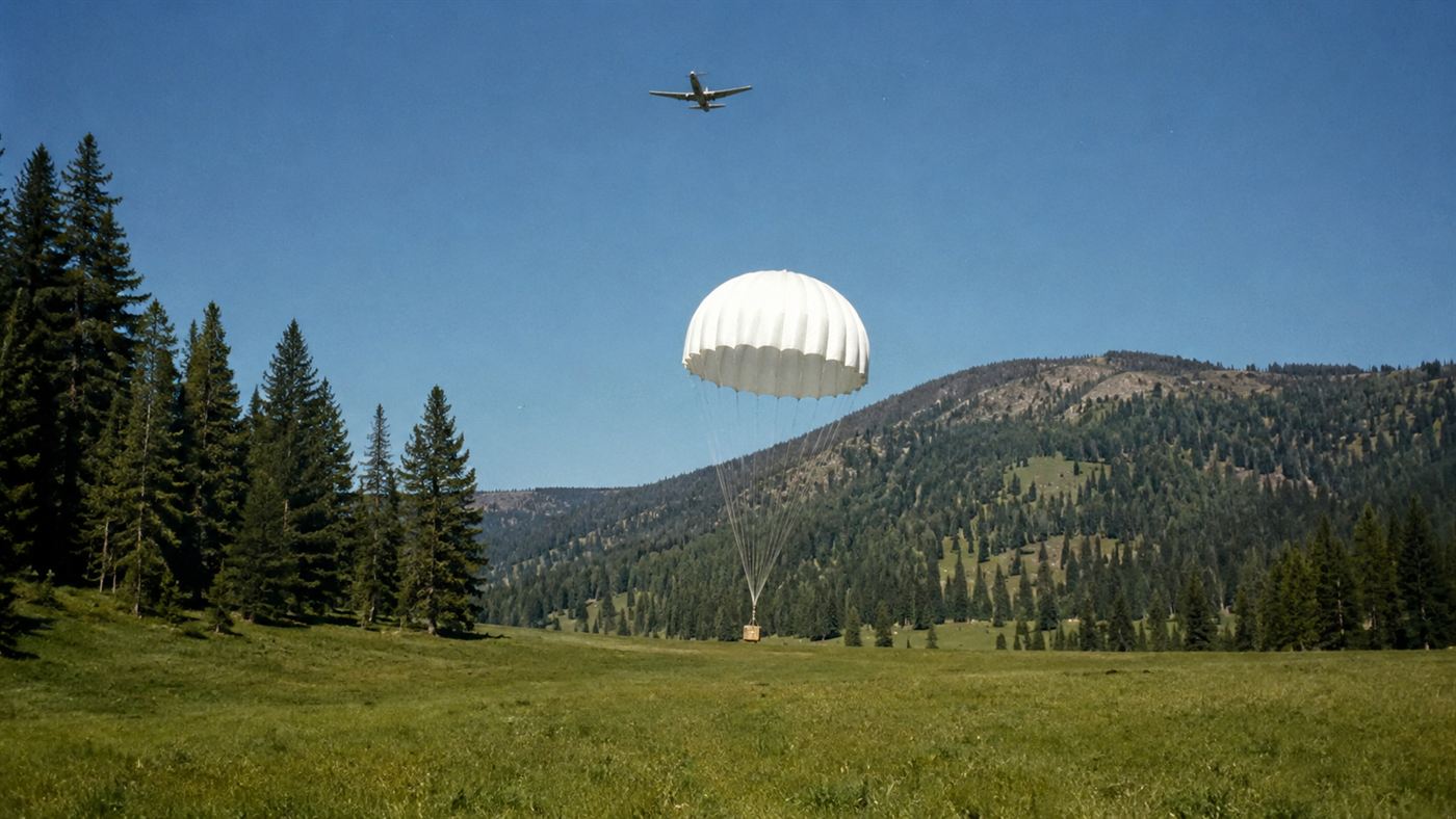 A wooden crate descending under a parachute over an Idaho mountain meadow during the 1948 beaver drop