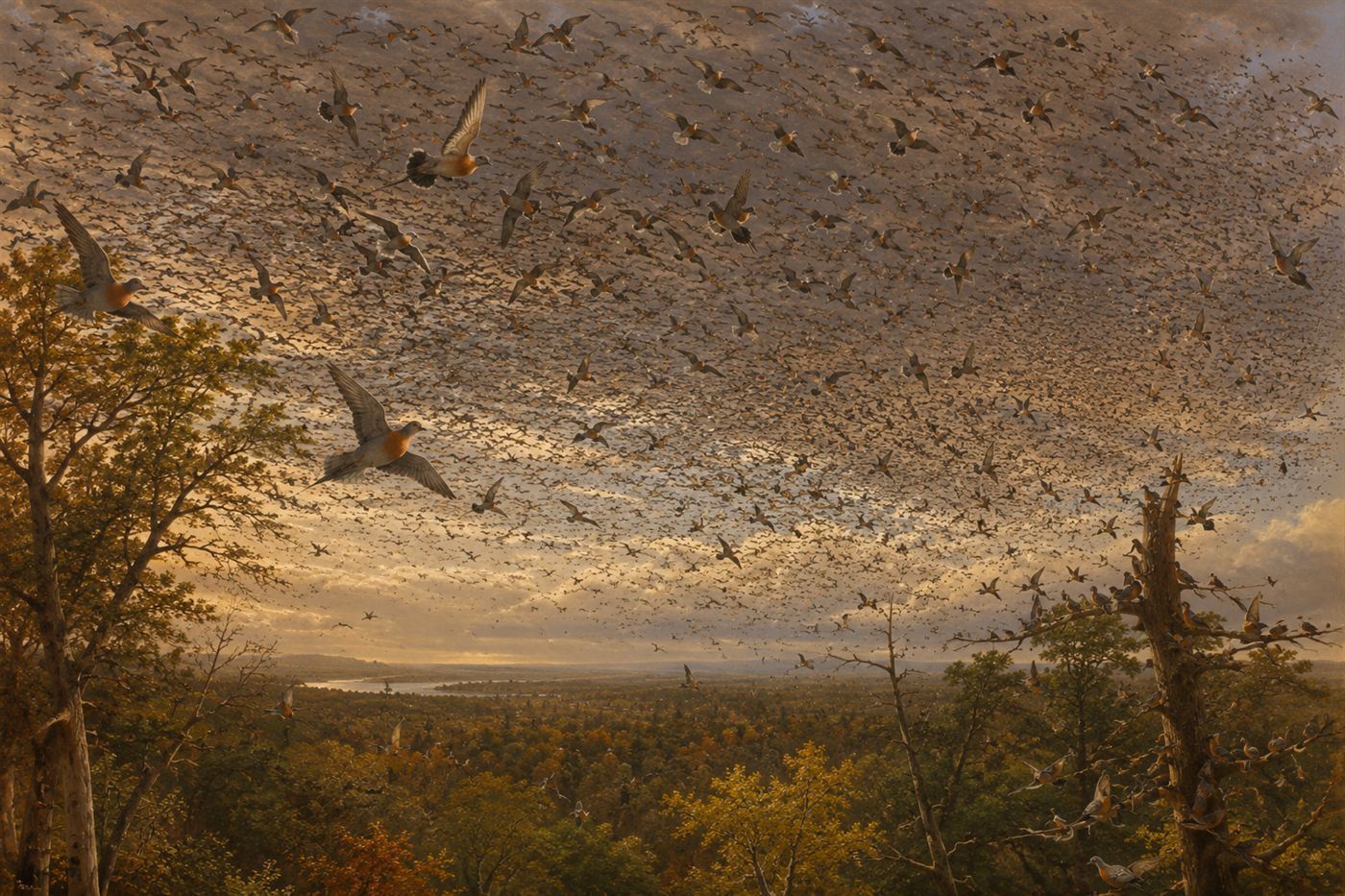 A vast flock of passenger pigeons filling the sky above a 19th century North American forest, the mass of birds darkening the sky from horizon to horizon, passenger pigeon extinction