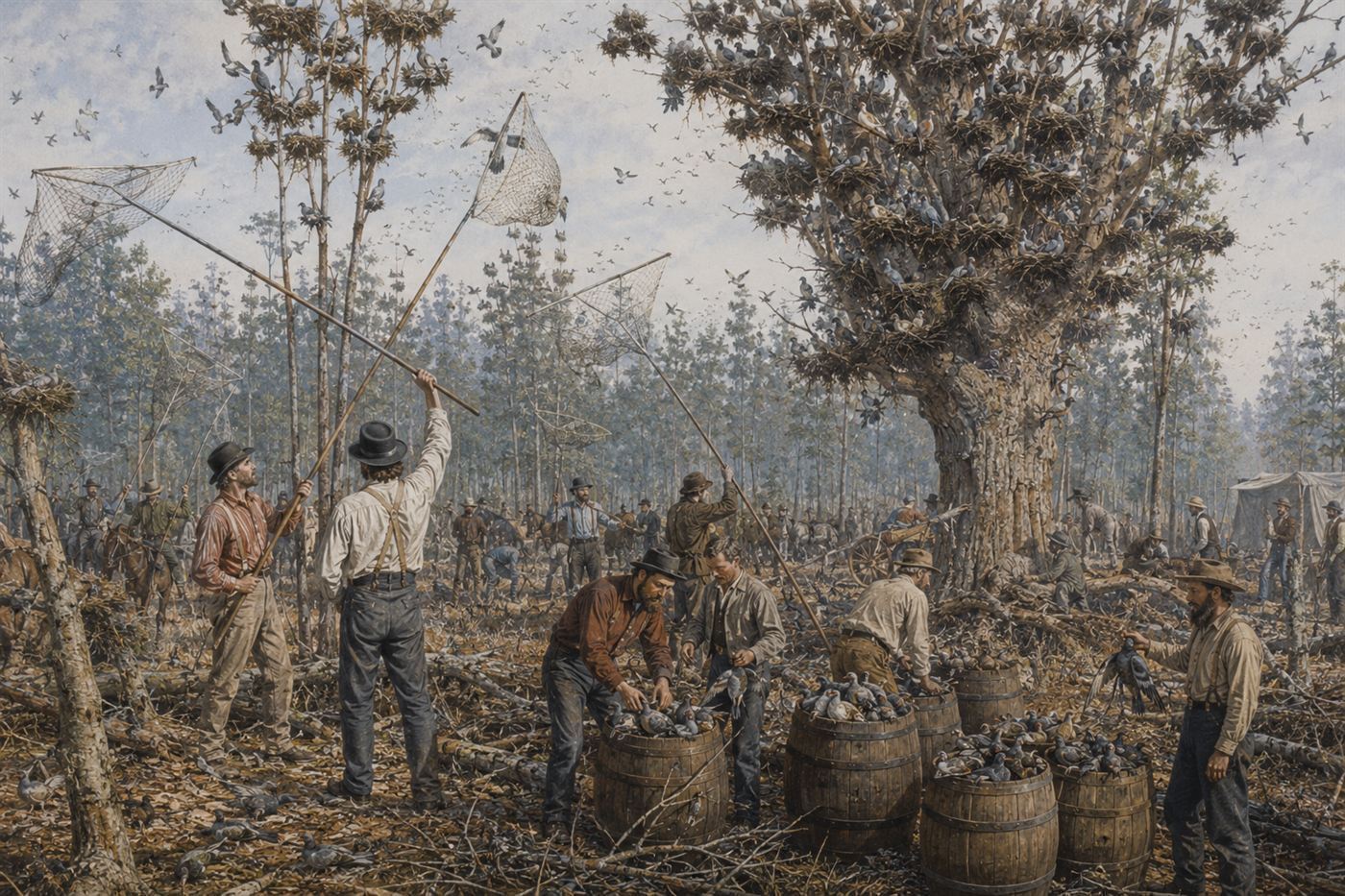19th century American market hunters at a passenger pigeon nesting site, men with nets and poles, barrels full of birds, trees with thousands of nests in a forest clearing, documentary illustration style