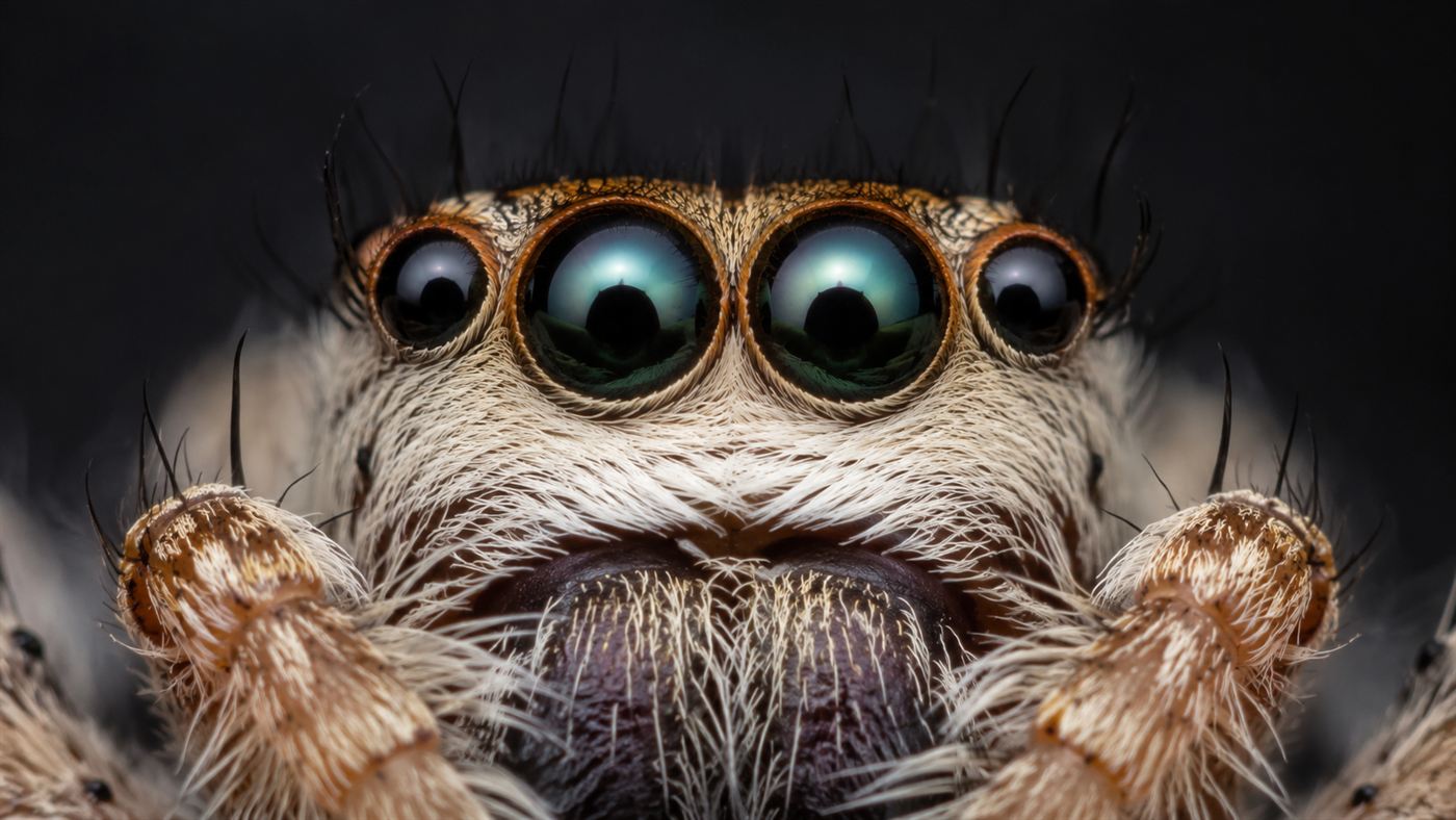Extreme close-up of a jumping spider's face showing its large forward-facing eyes