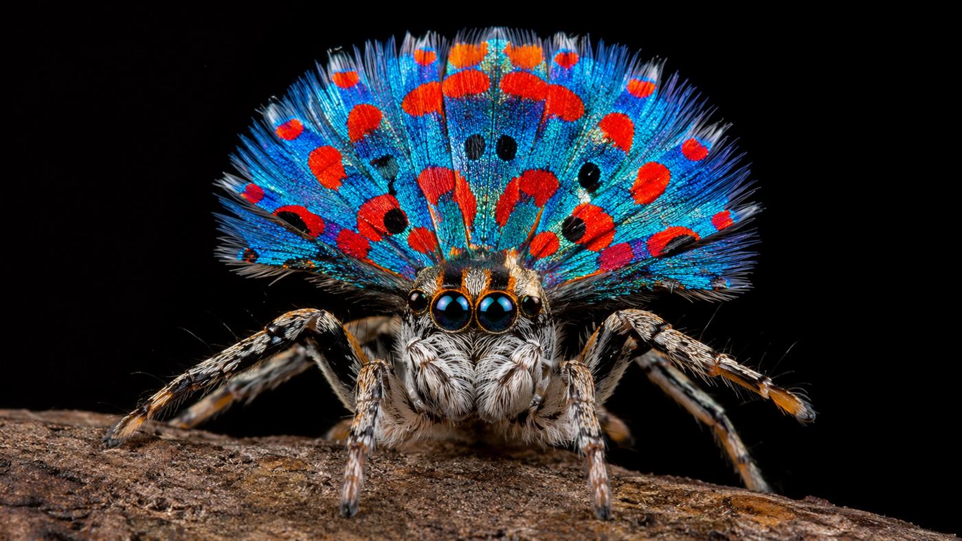 A tiny peacock spider with its iridescent rainbow abdominal fan raised in display