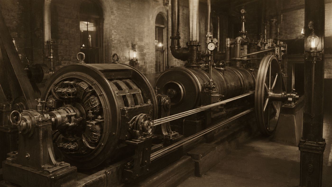 A large early electric dynamo generator driven by a steam engine inside an 1880s power station, like Pearl Street Station
