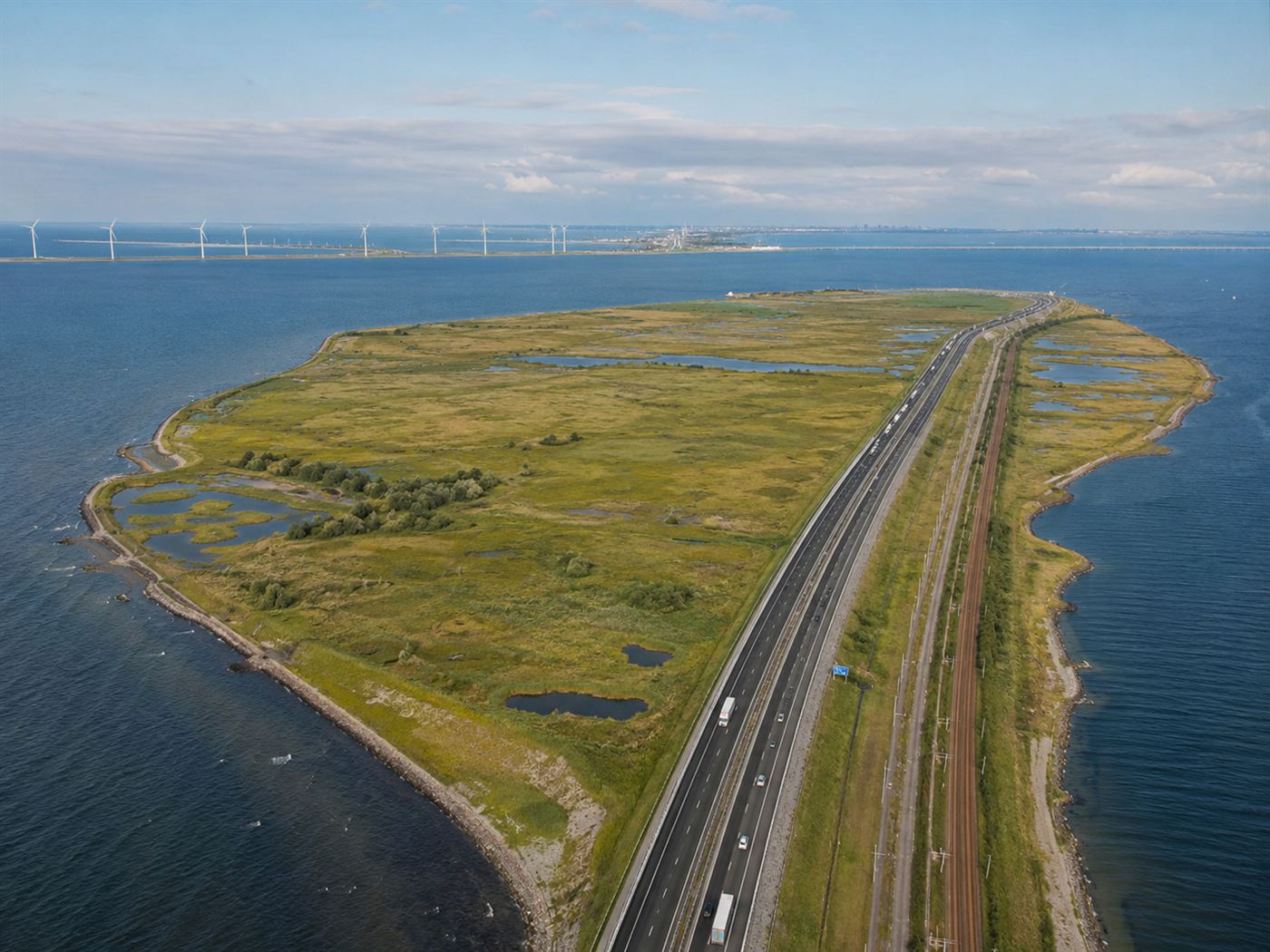 The wild, grassy artificial island of Peberholm beside the motorway, an accidental nature reserve