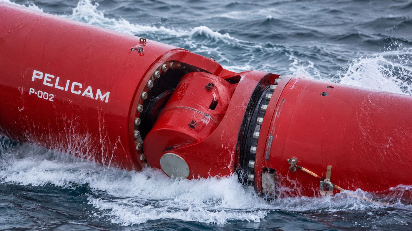 Close-up of the hinged joint between two red cylindrical sections of the Pelamis flexing on a wave