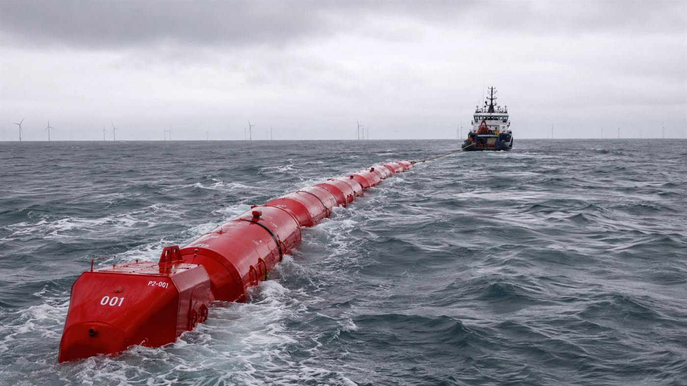 A red Pelamis machine being towed across a choppy grey sea toward an offshore wave farm