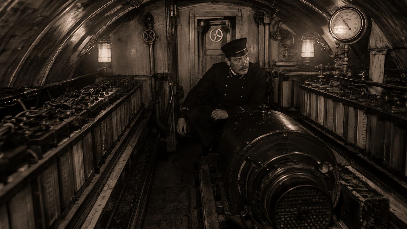 The cramped interior of the Peral submarine lined with rows of lead-acid battery cells and brass valves