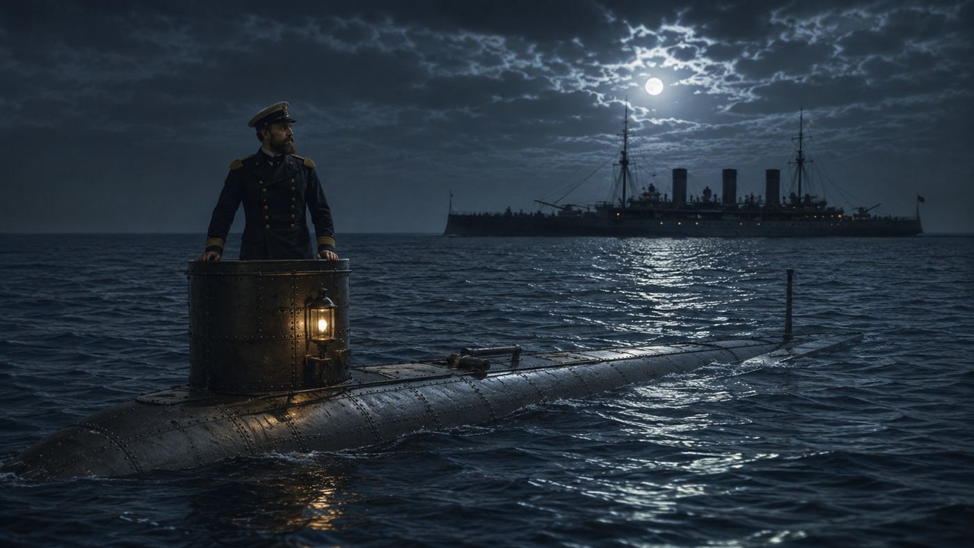 A 19th-century Spanish officer on the conning tower of the surfaced Peral submarine at night near a cruiser