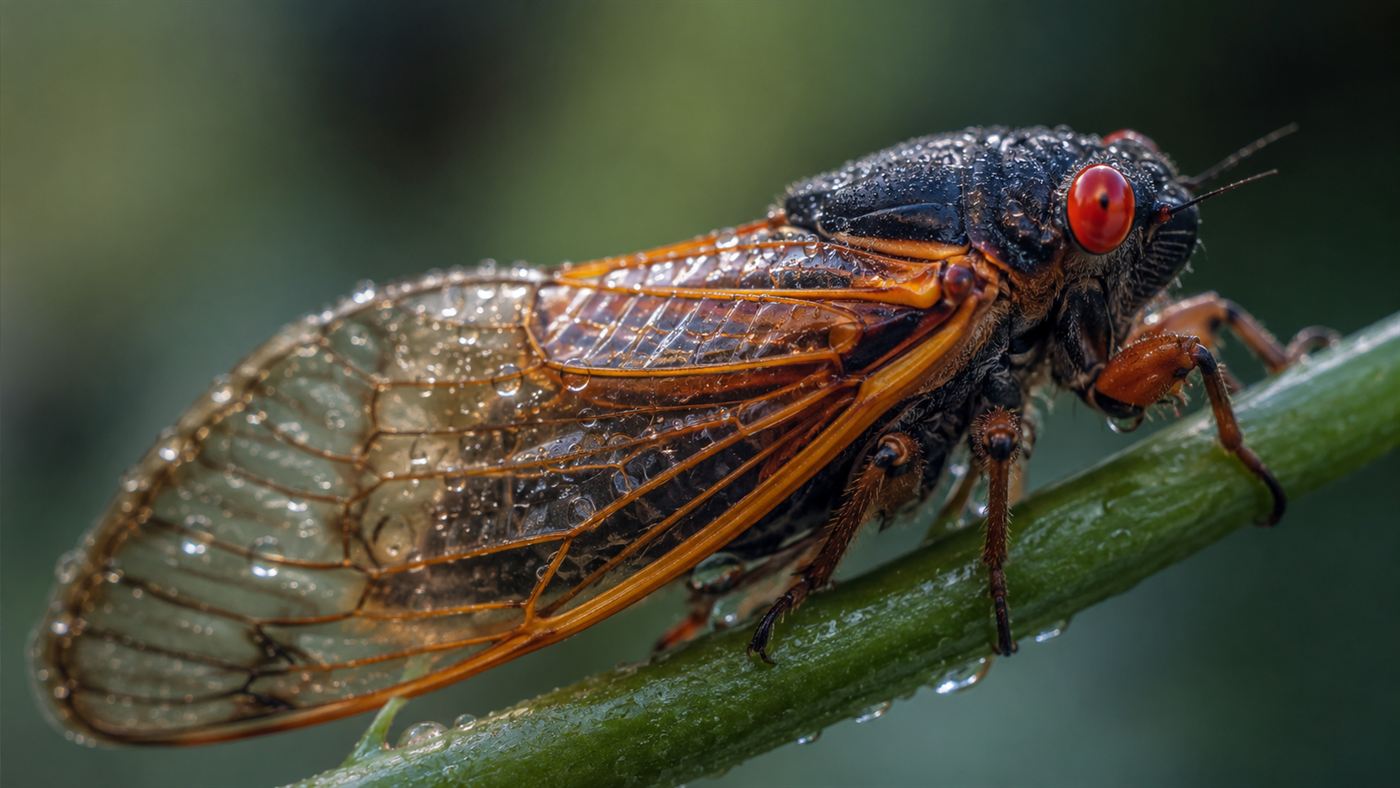 Extreme close-up of a periodical cicada with striking red eyes and orange-veined transparent wings clinging to a green twig