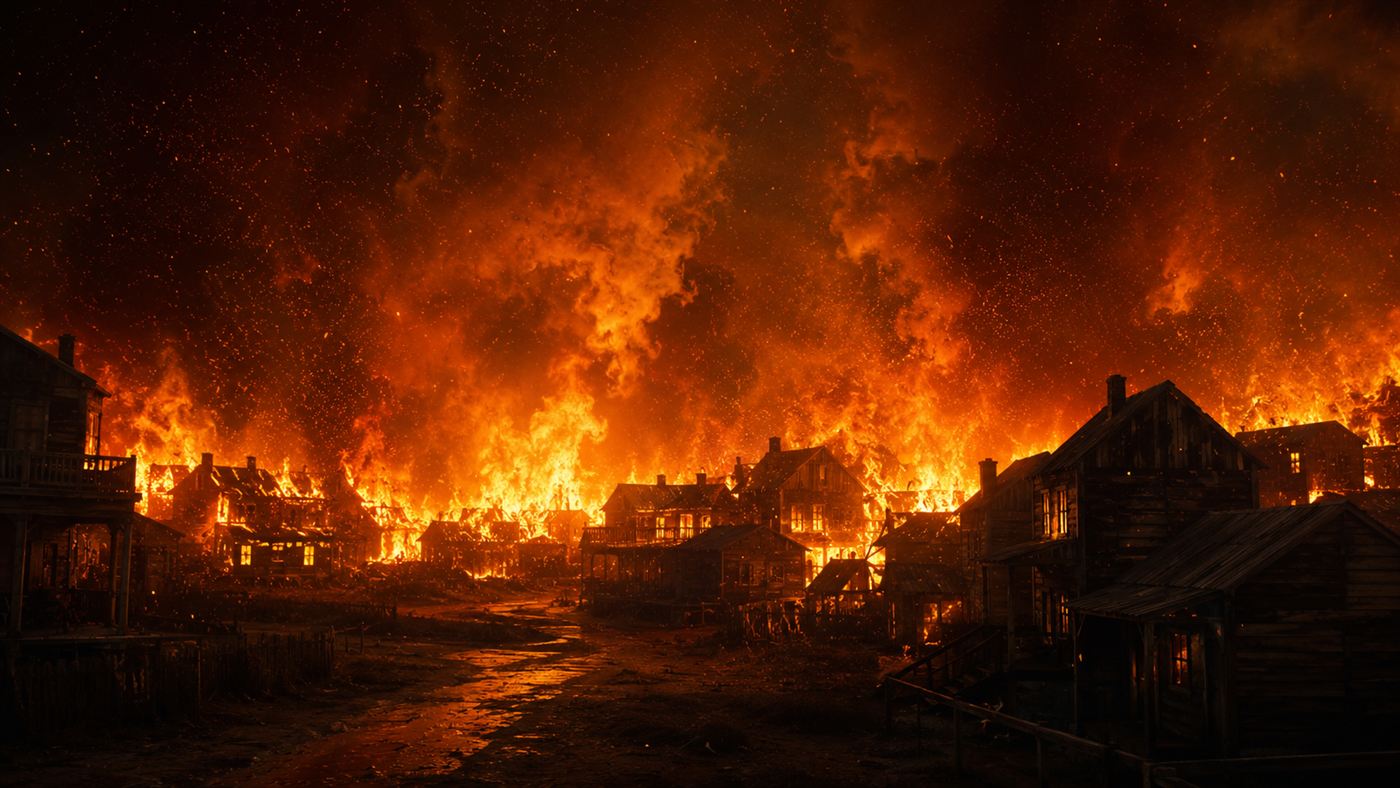 A small 19th-century wooden town engulfed in a massive nighttime firestorm during the Peshtigo fire, walls of orange flame under a black sky