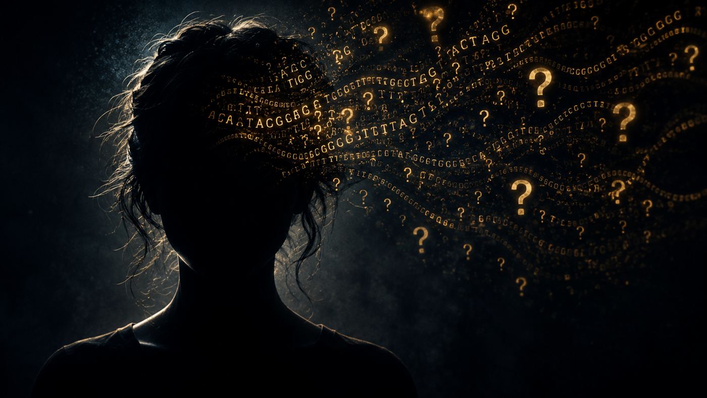 A faceless silhouette of a woman dissolving into strands of DNA code, symbolising the Woman Without a Face