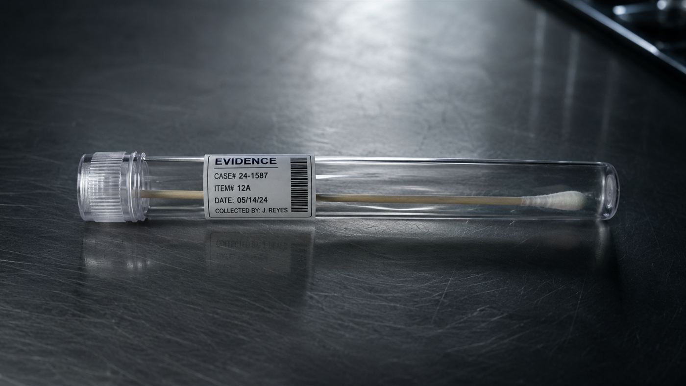 A forensic cotton swab sealed in a clear evidence tube on a steel lab table, central to the Phantom of Heilbronn case
