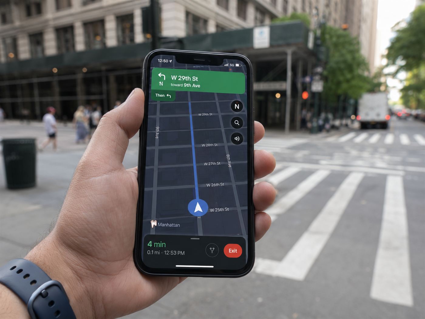 A smartphone map app showing a compass heading arrow, which depends on the magnetic north pole model