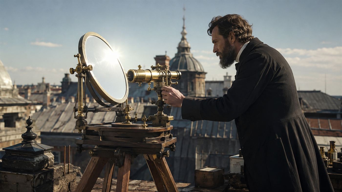 An 1880 rooftop apparatus with a mirror and lens aimed at the sun, the setup Alexander Graham Bell used for the photophone