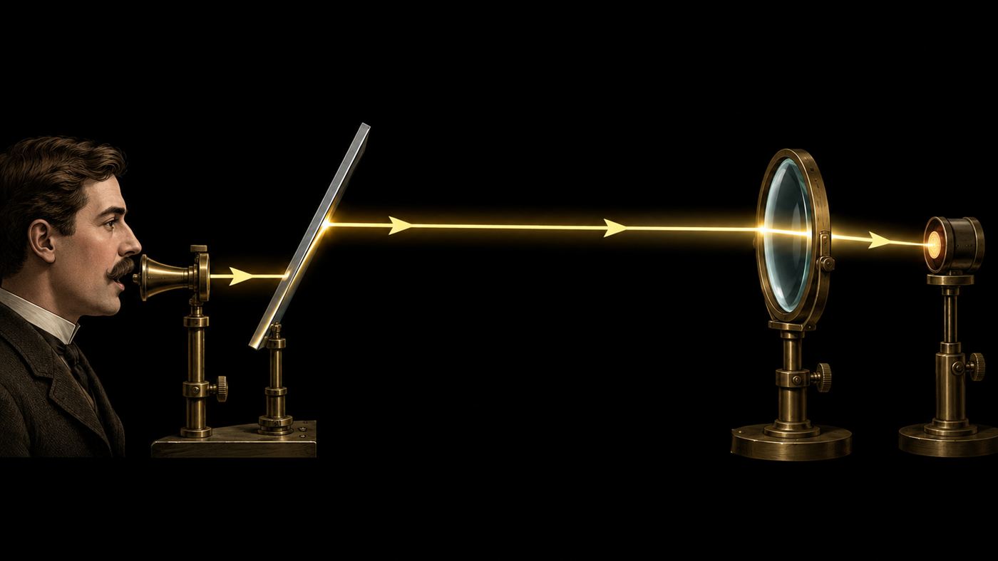 An illustration of a voice vibrating a mirror that modulates a beam of light received by a lens and cell across a gap