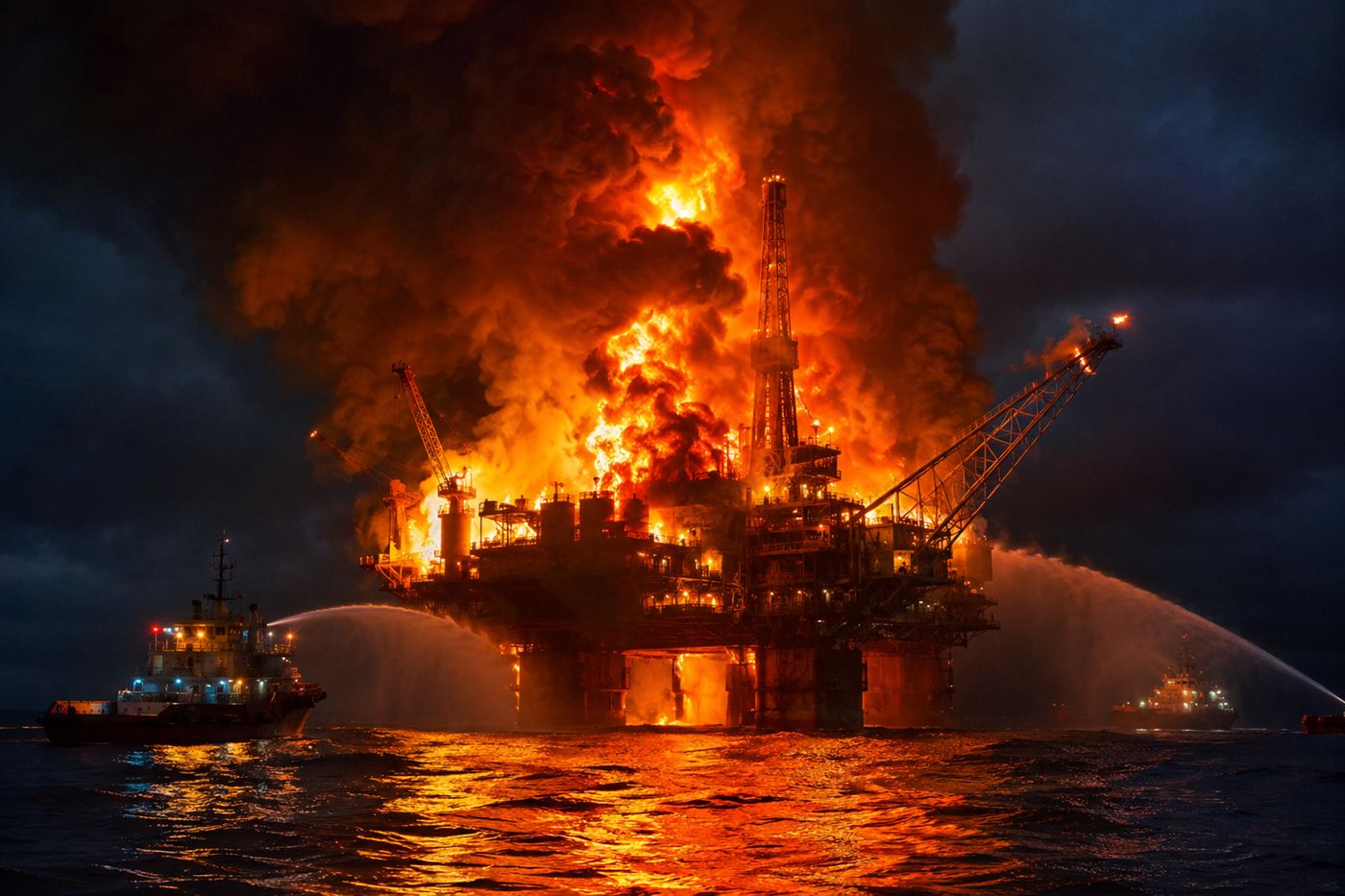 Piper Alpha oil platform engulfed in fire at night in the North Sea, massive orange and red flames with thick black smoke rising into a dark sky
