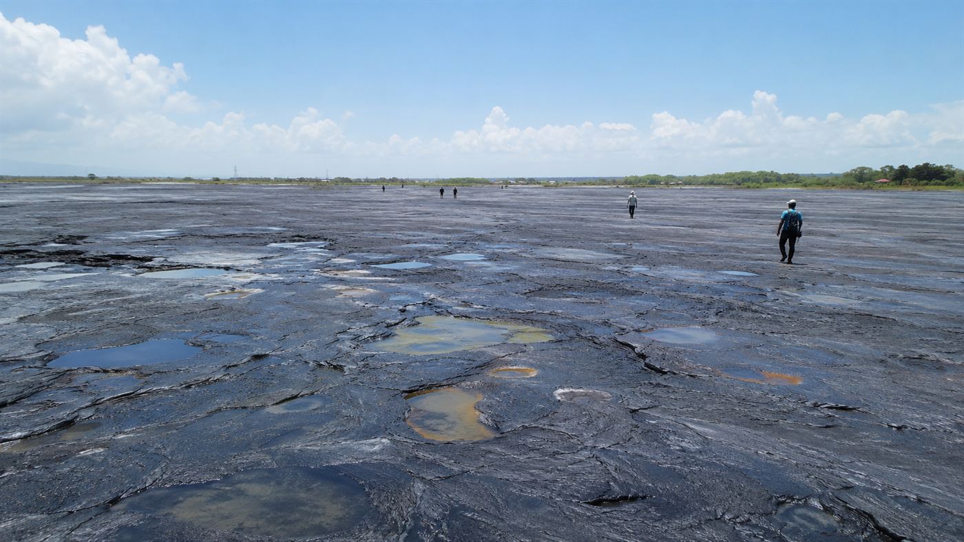 The vast black surface of the Pitch Lake in Trinidad, a natural lake of asphalt under a tropical sky