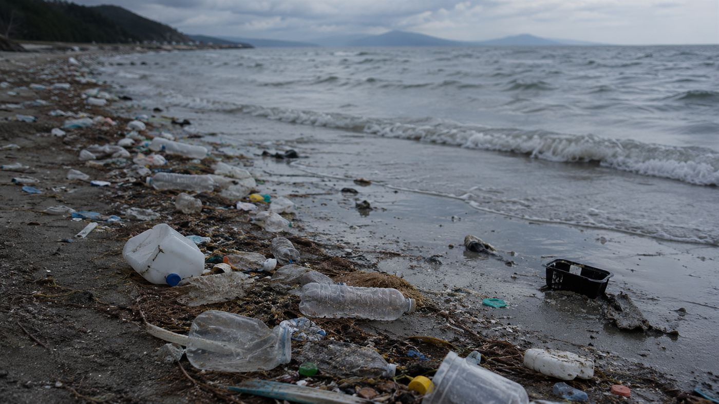 Assorted plastic waste and bottles washed up on a grey beach shoreline with dull waves