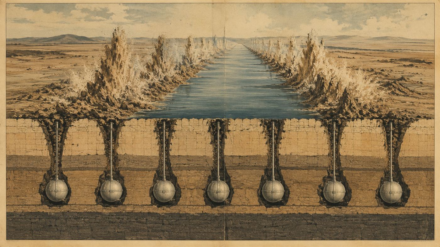 A vintage diagram showing nuclear devices buried in a line to blast out a canal through terrain