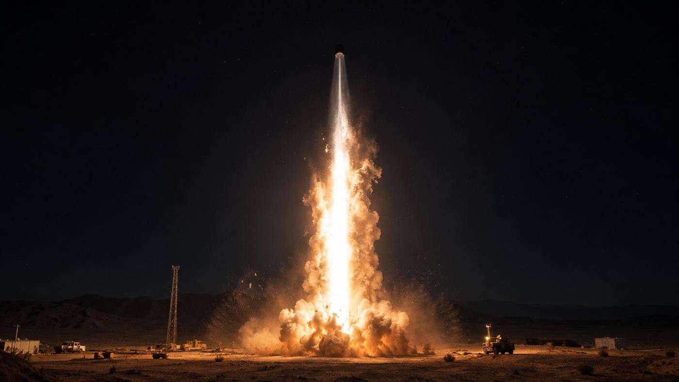 A column of light and dust erupting from a desert shaft as a tiny cap streaks skyward