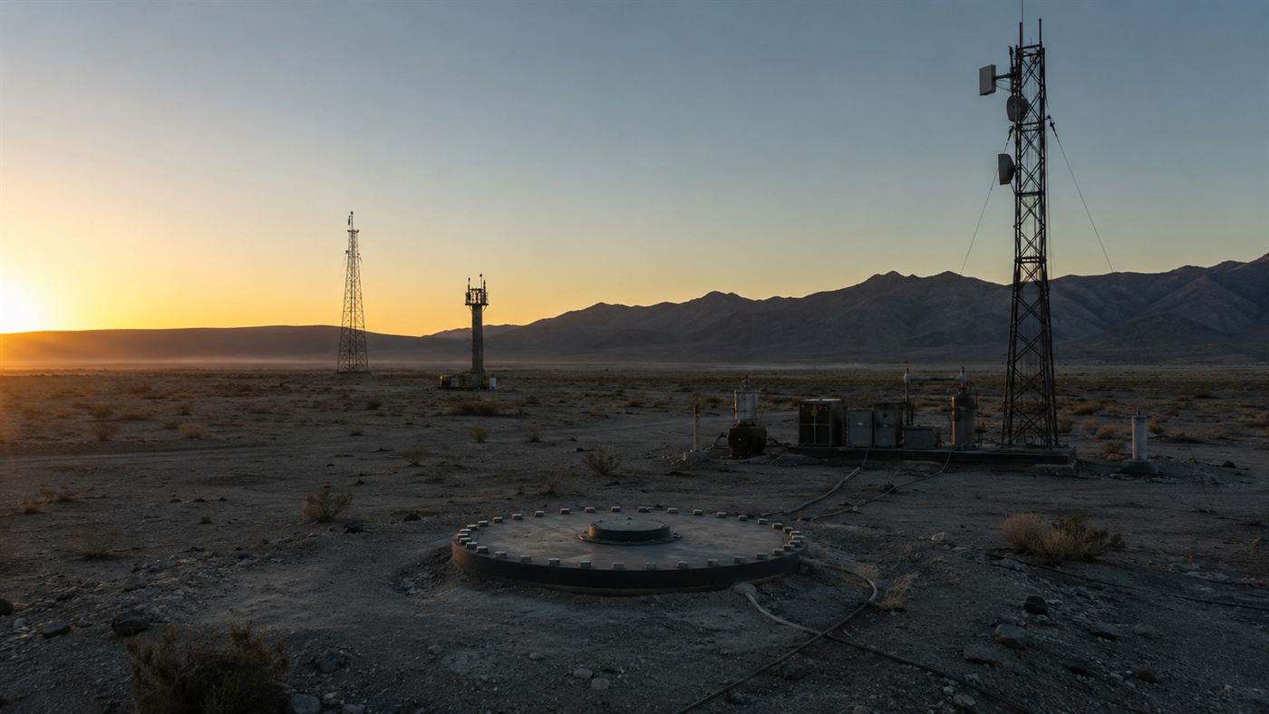 The Plumbbob manhole cover test site, a 1957 Nevada nuclear shaft capped with a steel plate, with instrument towers
