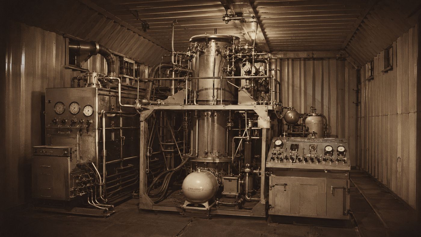 A compact 1960s portable nuclear reactor installation with pipes, tanks and control panels inside a metal shelter