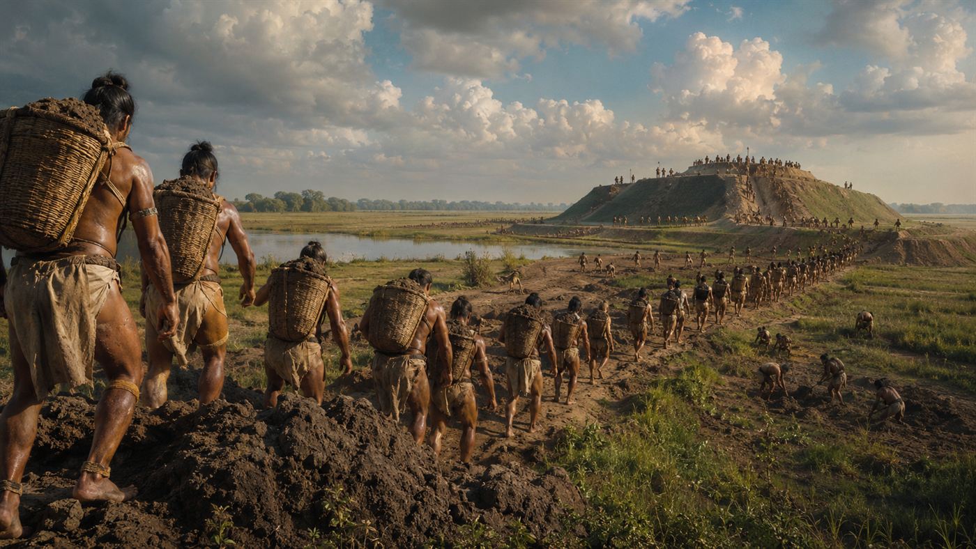 Reconstruction scene of ancient people carrying baskets of earth on their backs to build large mounds under a wide sky