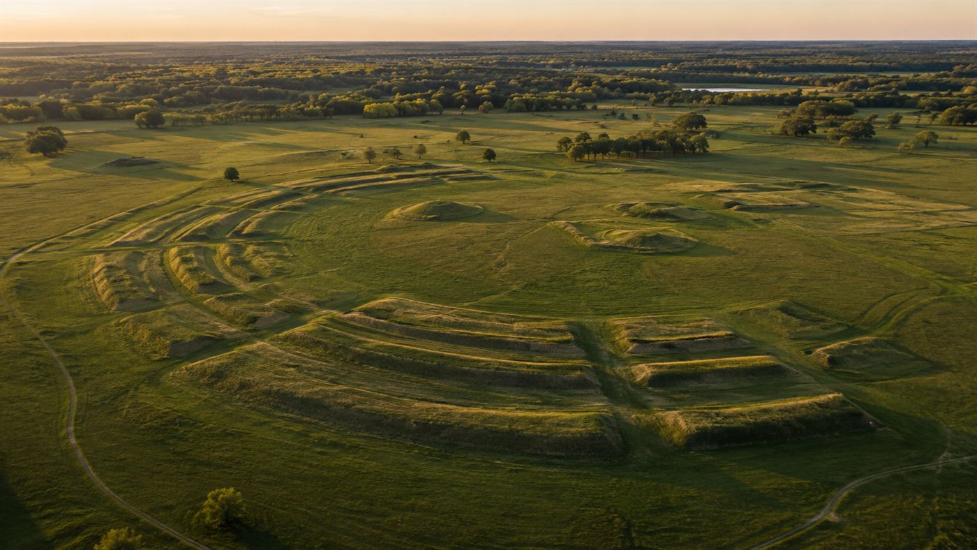 Aerial view of the vast concentric C-shaped earthen ridges and mounds of Poverty Point in the green Louisiana landscape