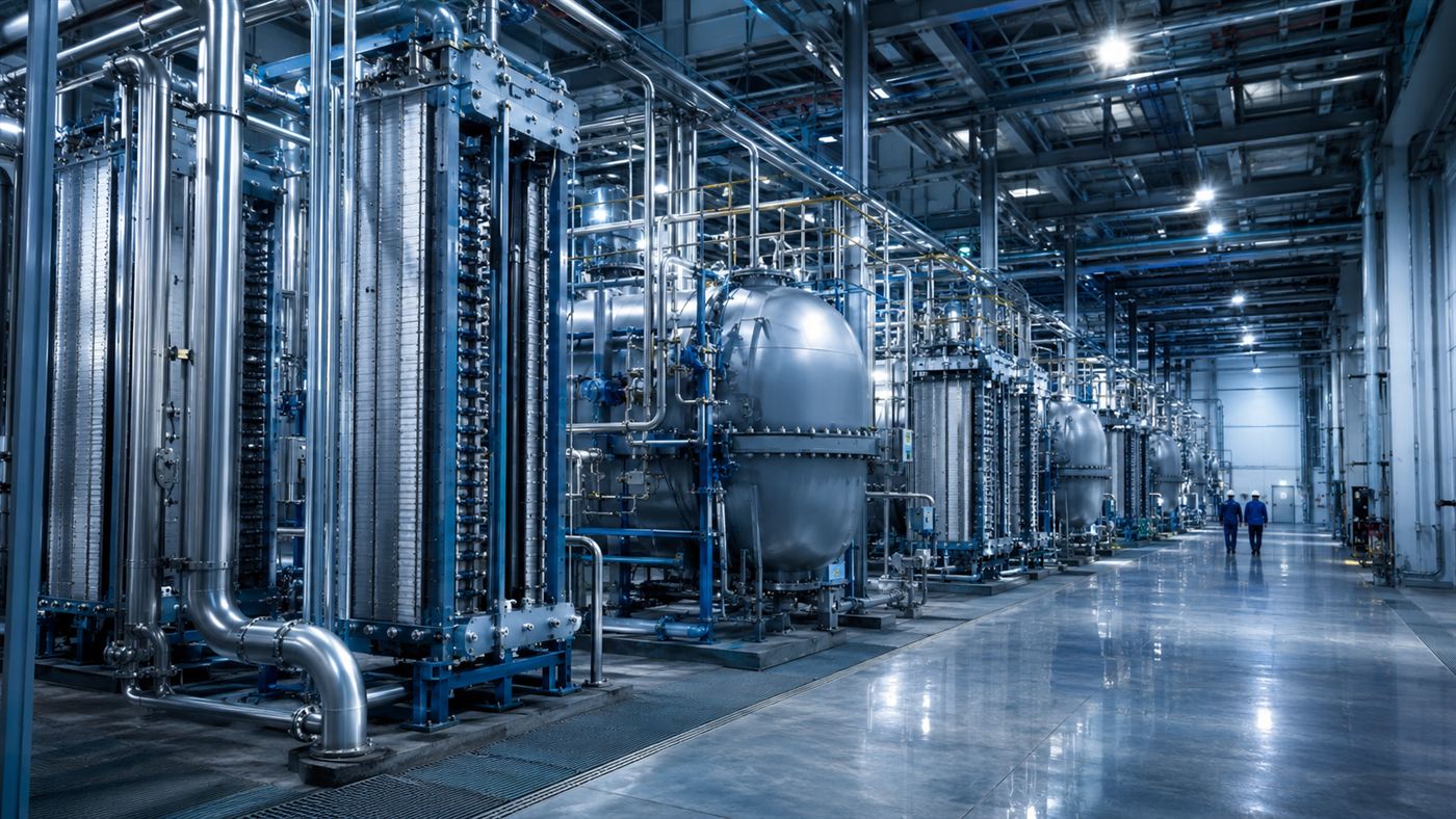 Rows of reactors and electrolyser stacks inside a power-to-liquid plant that turns carbon dioxide into fuel