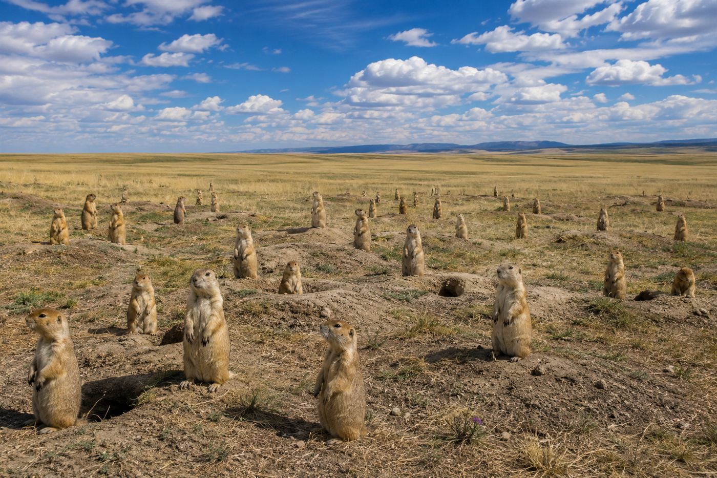 Prairie dog colony on the Great Plains of Wyoming with dozens of prairie dogs alert around their burrows against a dramatic blue Western sky, dry grassland stretching to the horizon