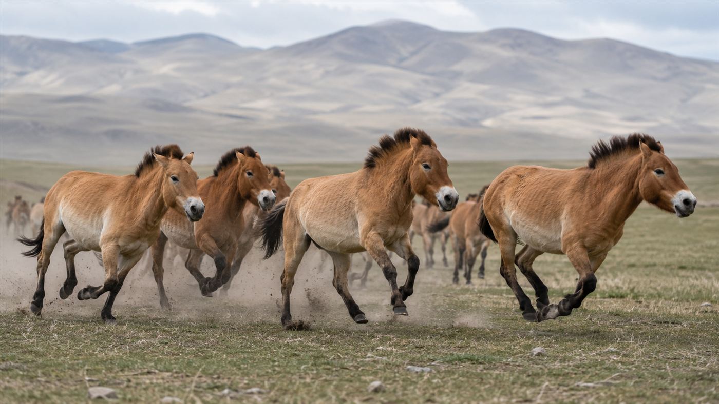 Przewalski's horses running free in Khustai National Park Mongolia, wild takhi herd moving across open steppe with mountains in the background, reintroduction programme success