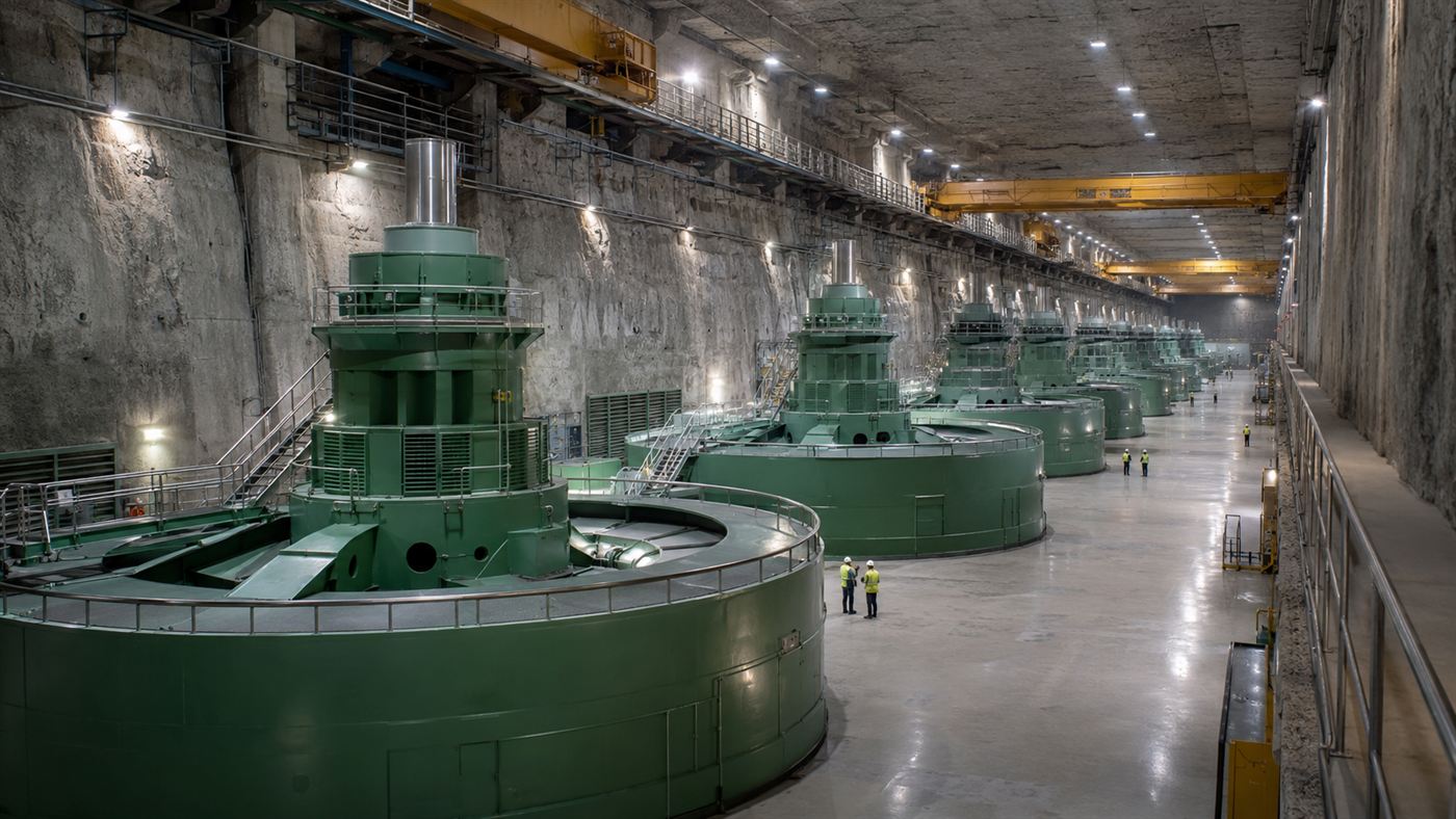 A vast underground hydroelectric power hall with rows of large turbine-generator units, the machines behind pumped storage grid energy storage