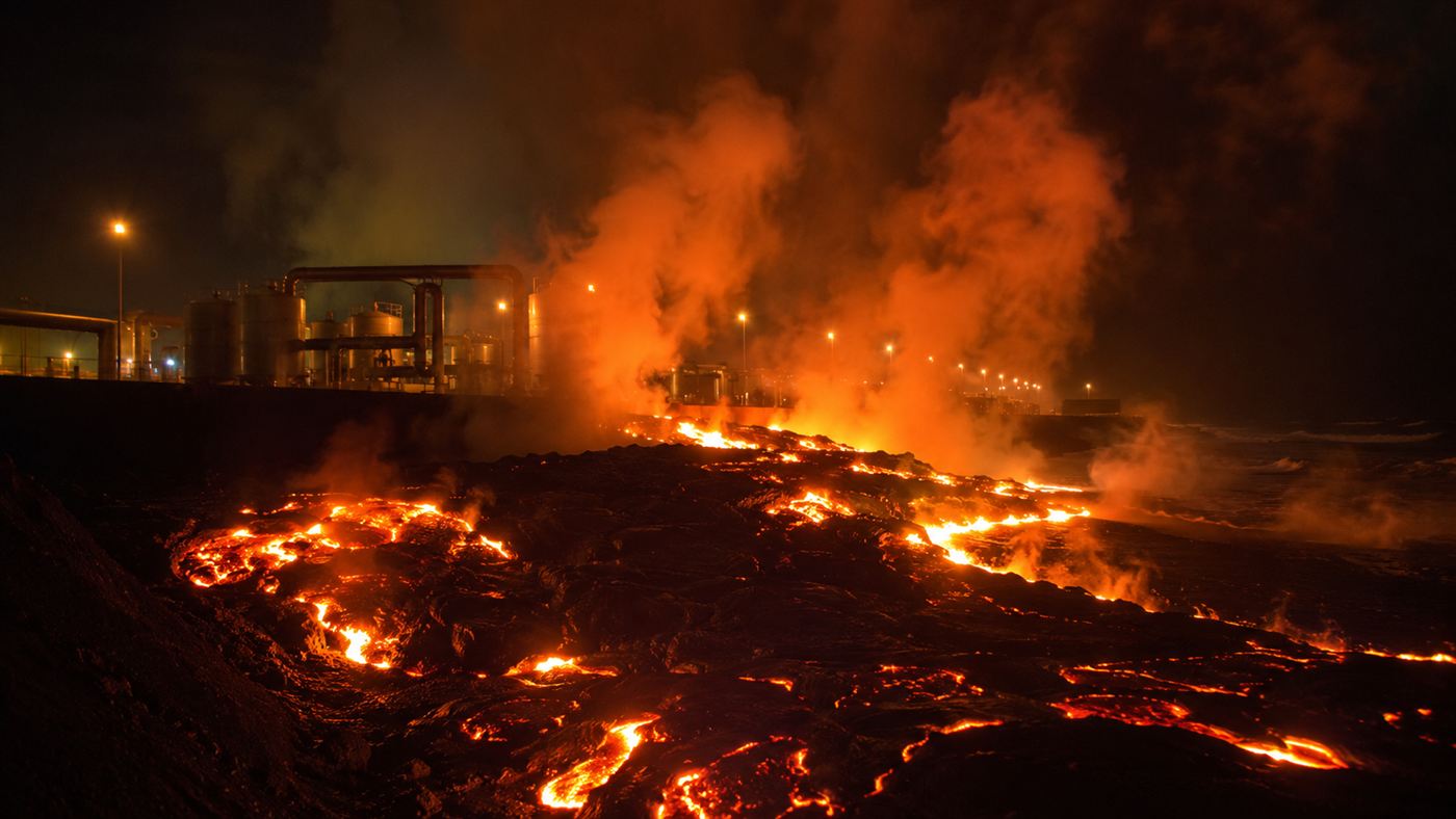 Lava from Kilauea glowing near the Puna Geothermal Venture plant in Hawaii at night