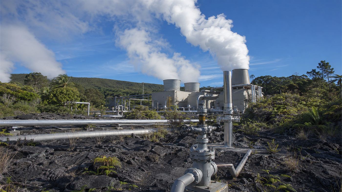 Wellheads and steam at the Puna Geothermal Venture on the Big Island of Hawaii